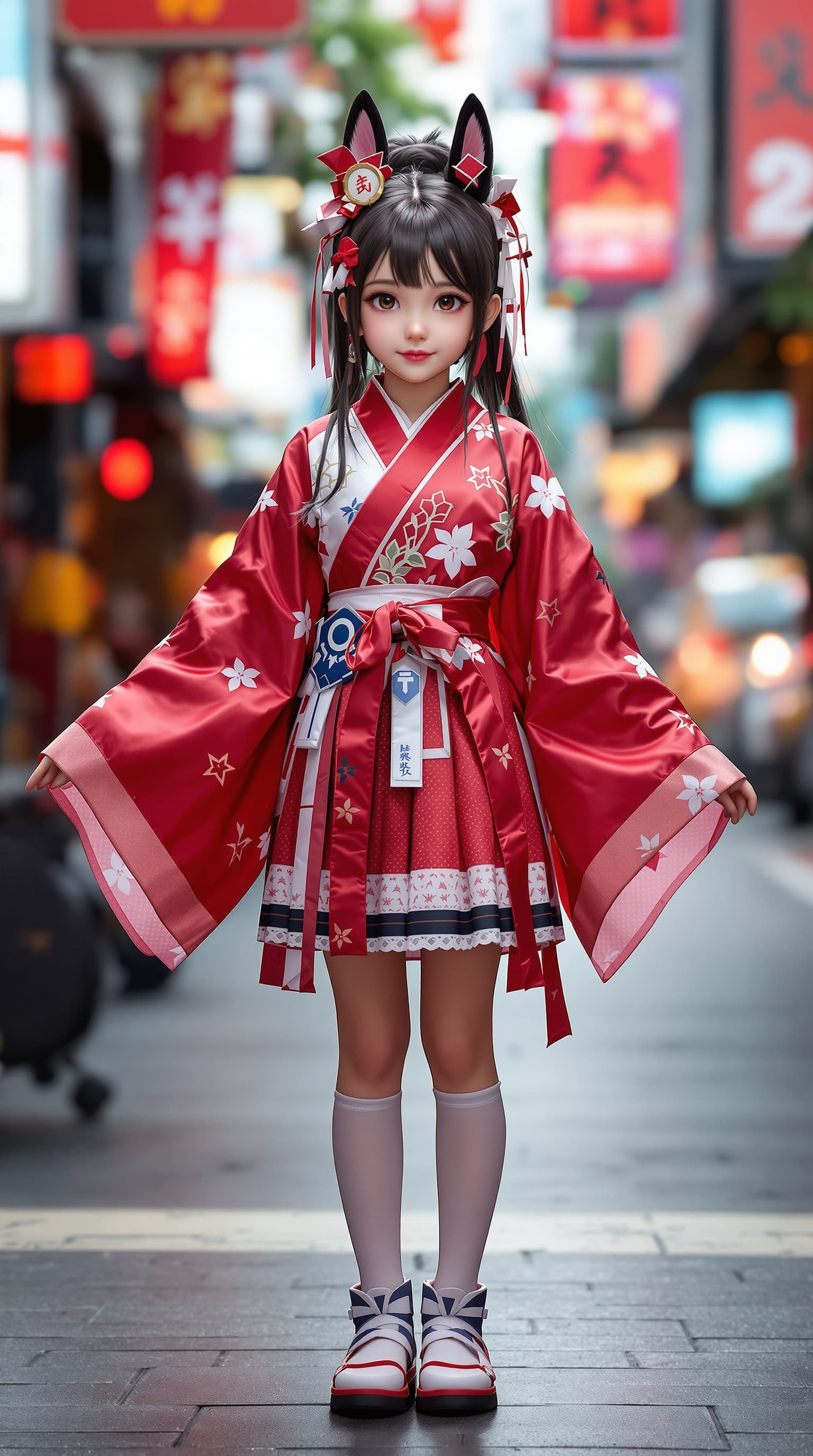 AI generated: A hyper-realistic depiction of a beautiful seven year old cosplayer, Japanese girl dressed as Nezuko...