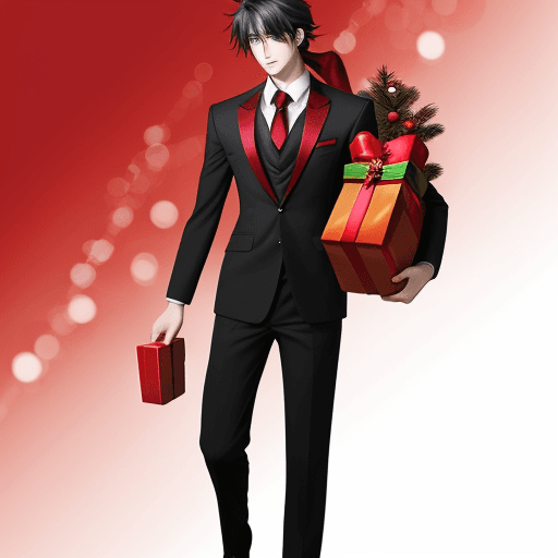 AI generated: Attractive anime male in a red and black suit with a Santa hat on carrying a gift