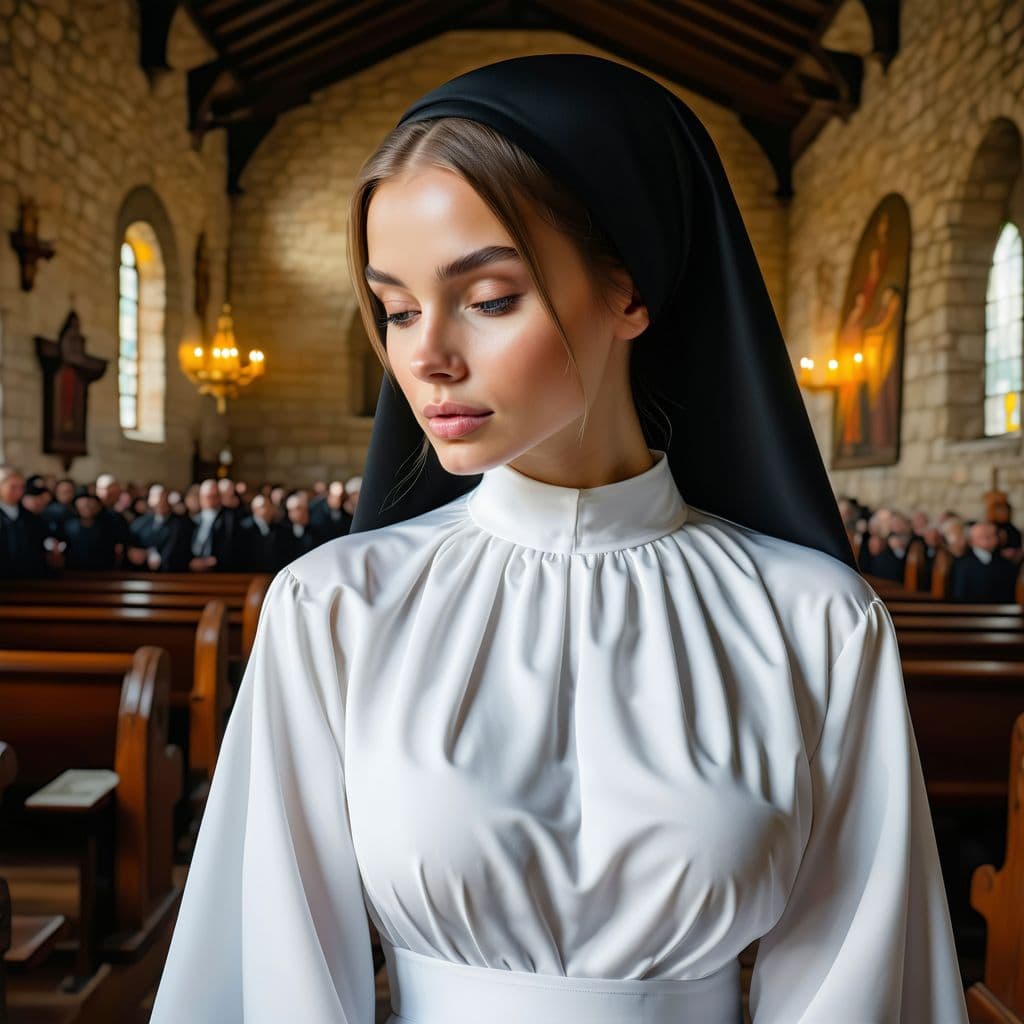AI generated: Nun, ponytail cut, long flowing hair, shiny lips, fascinating eyes, nun robes, (her top is so tight ...