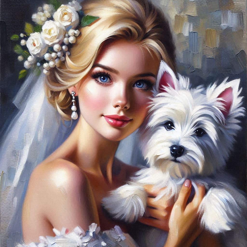 AI generated: an oil painting of a portrait of a beautiful Bride with blonde hair cuddling a beautiful west highla...