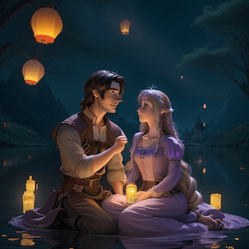 AI generated: Rapunzel and Flynn Rider, with expressions of amazement and admiration, gaze in wonder at the floati...