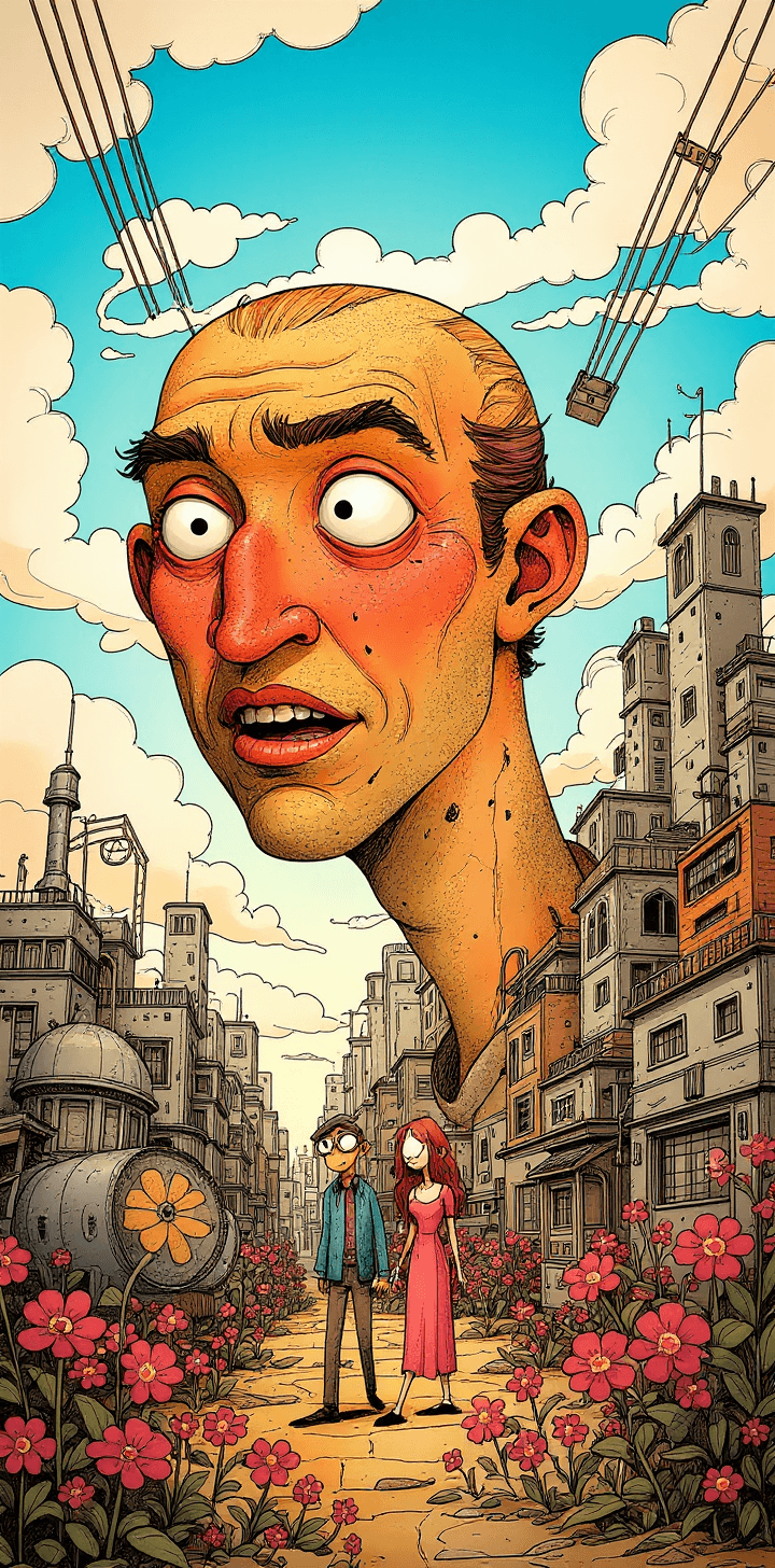 AI generated: cartoon with a colorful nice  face,couple walking, surrounded by a city, in the style of tim doyle, ...