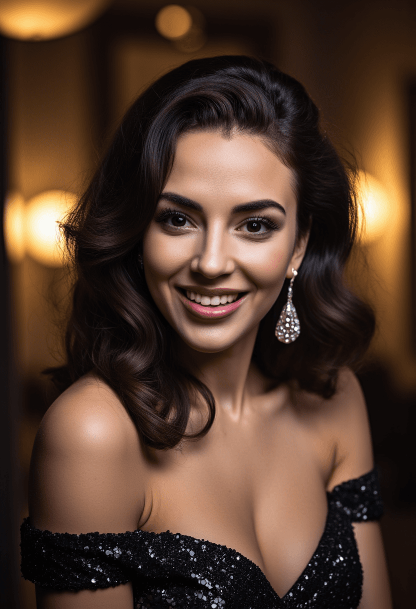 AI generated: A 30-year-old woman with long, luxurious black hair and dark, perfect eyes stands in a smoky, moody ...