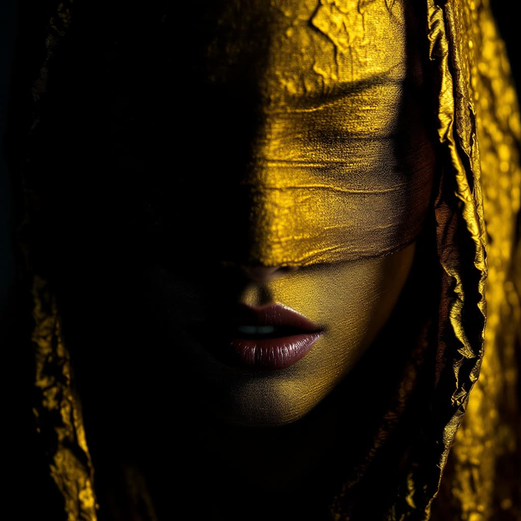 AI generated: creates an image showing a woman from a horror movie, with a golden veil covering her face. Only the...