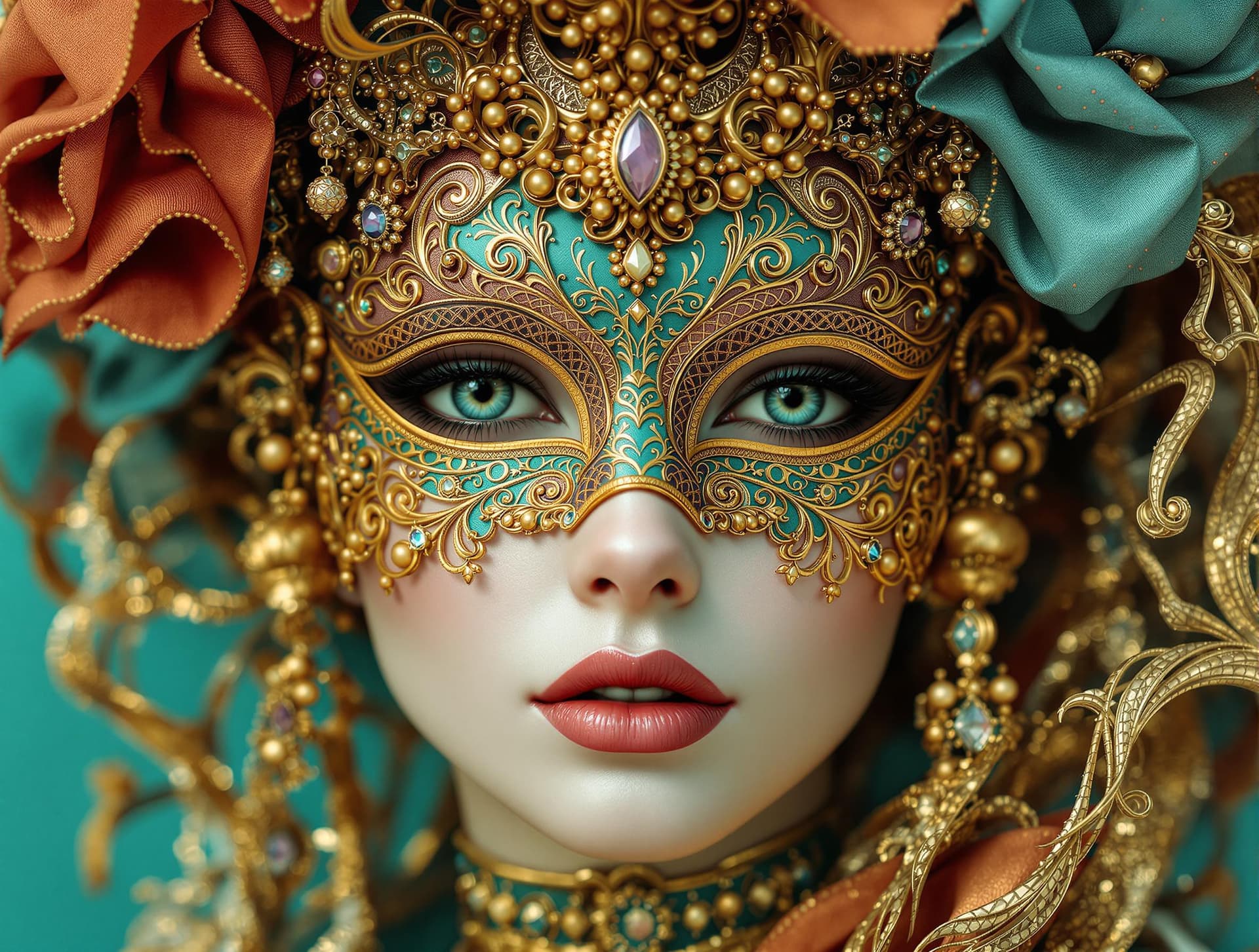 AI generated: a woman wearing an elaborate mask around her face, in the style of vray tracing, cloisonnism, turquo...