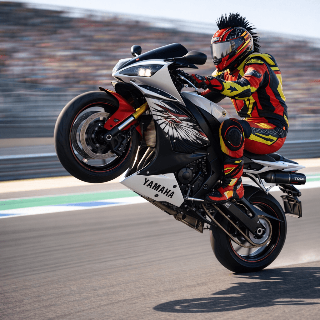 AI generated: A high-energy scene featuring a rider performing a wheelie on a sleek ( uploaded motorcycle), set on...