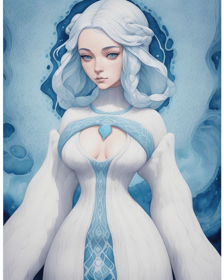 AI generated: Watercolor painting on parchment, a woman wearing large knitted dress, in the style of elemental for...