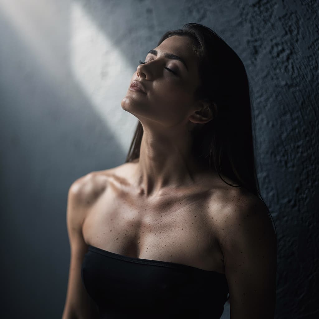 AI generated: cinematic image with dark shadows and high contrast, A high-angle extreme close-up portrait of a fit...