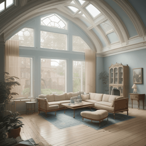 AI generated: High resolution photography interior design, dreamy sunken living room conversation pit, wooden floo...