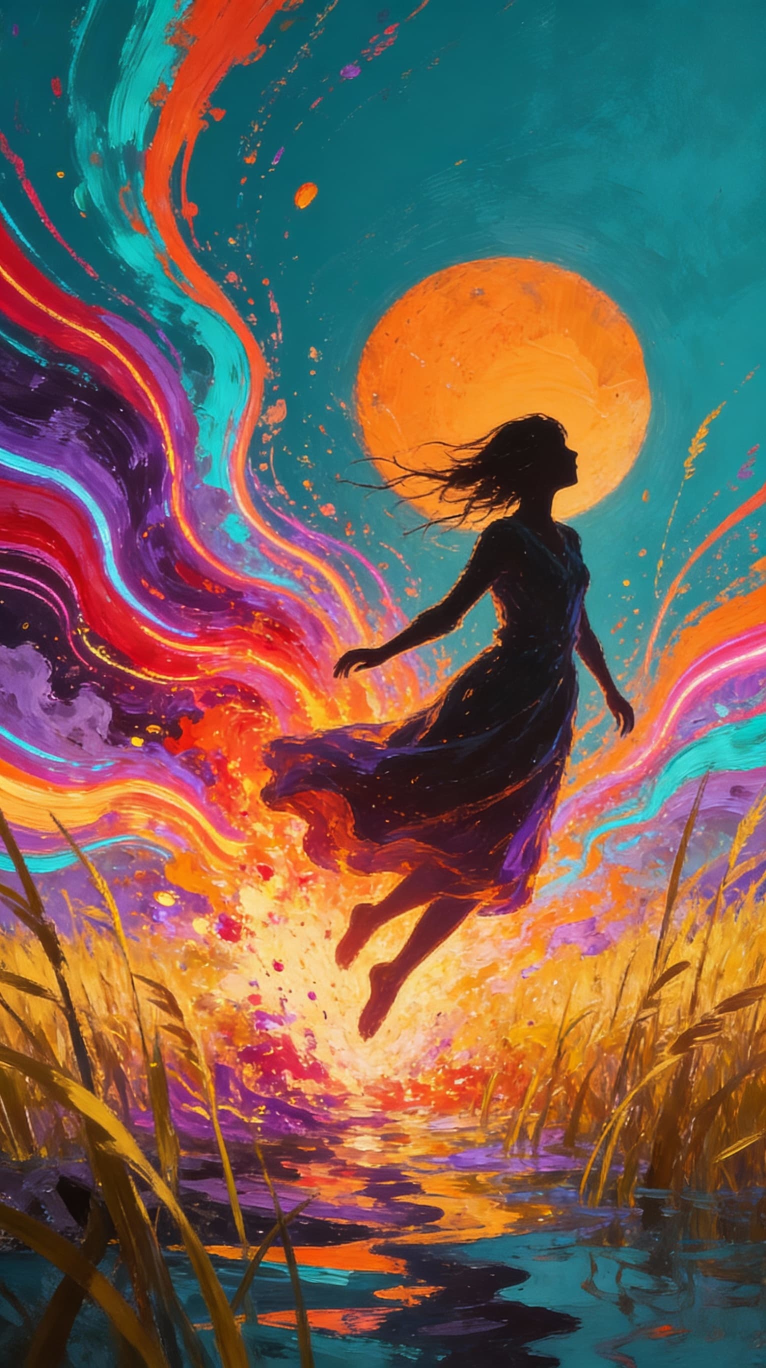 AI generated: artistic, water painting style, art piece showing a lone figure falling into an explosion of vibrant...