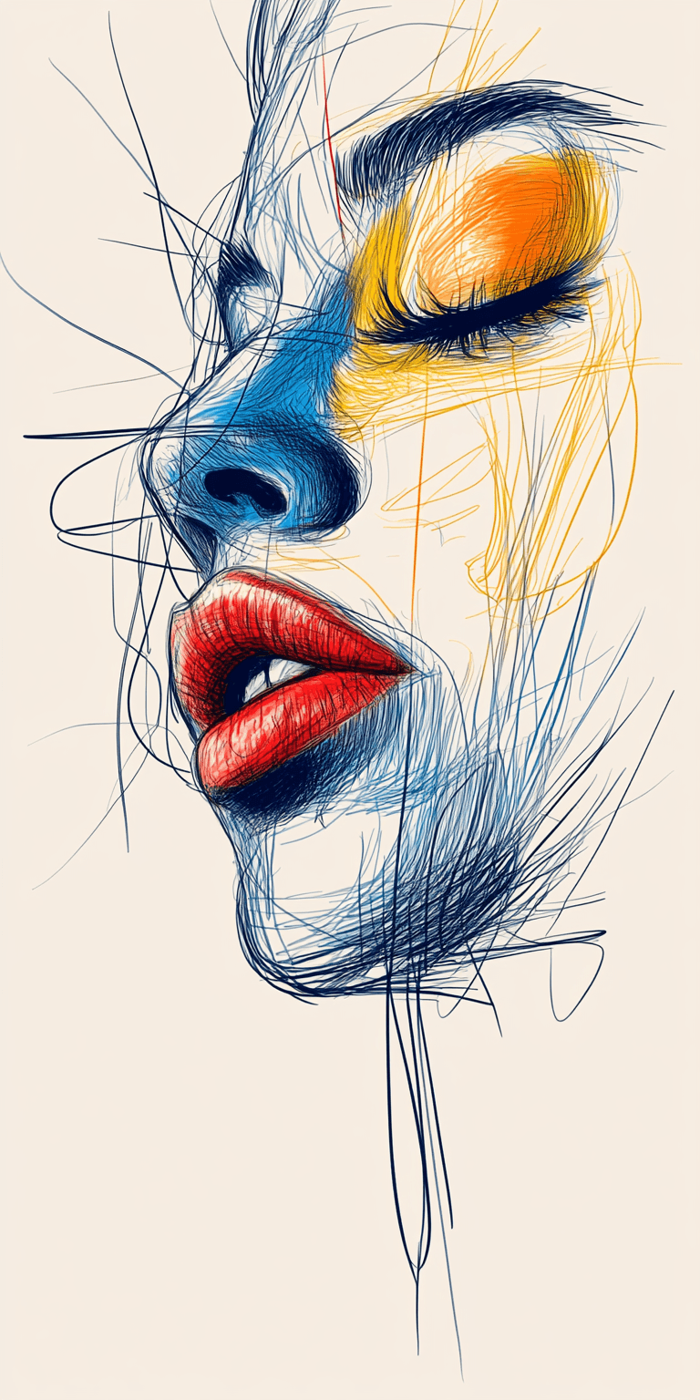 AI generated: a drawing of a woman's face with a red eyeshadow, in the style of bold colorful lines, dark beige an...