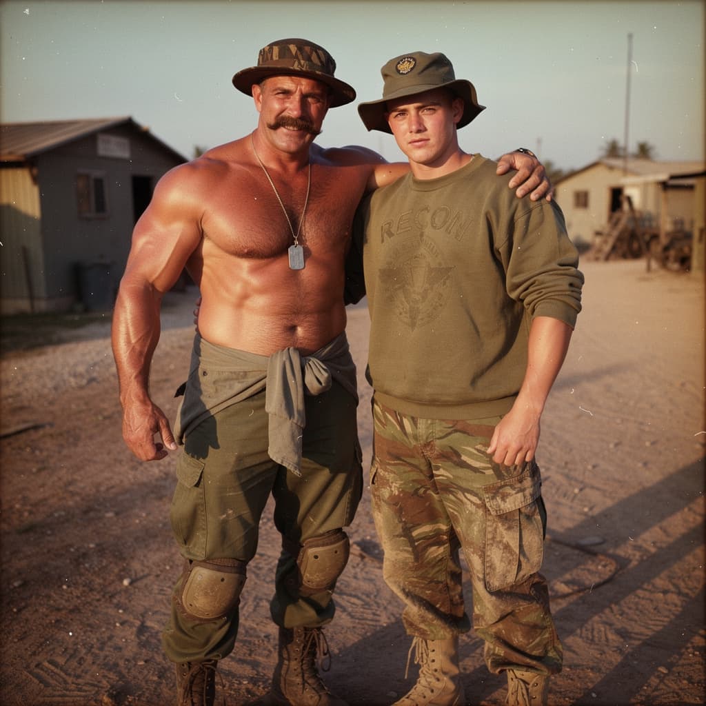 AI generated: Vintage color photograph 1969 Vietnam War US Army soldiers off-duty intimate bro moment, two extreme...