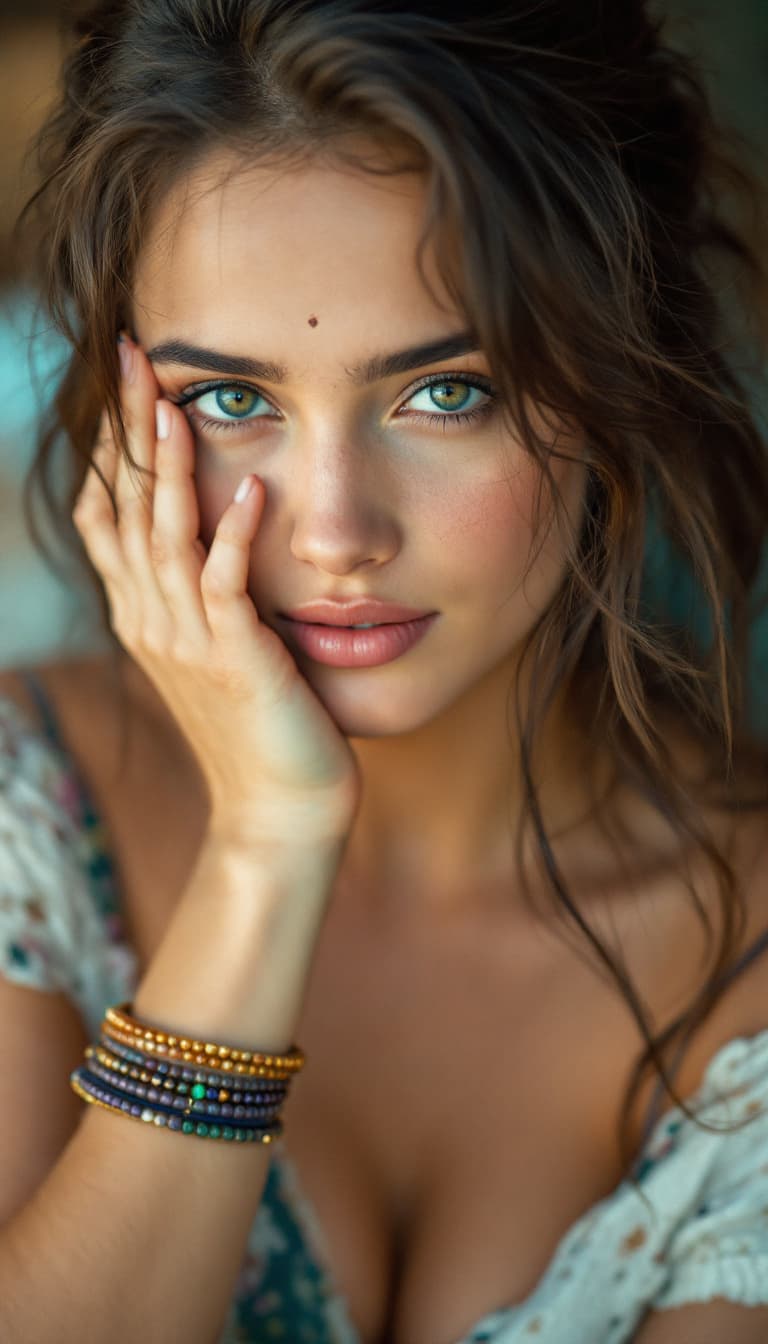 AI generated: Jennifer Connelly ,18-21 years old, brown hair, Indian hair style,trying to shy, inhaled chest,wide ...
