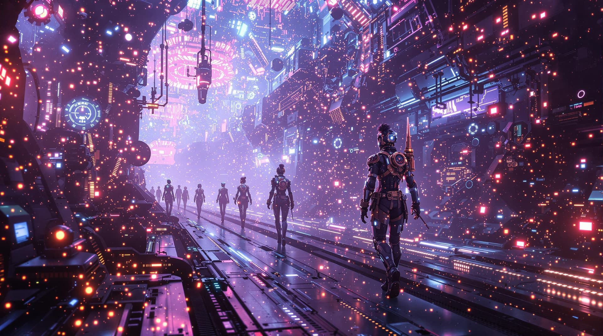 AI generated:  sci -fi scenerie ,multiple hyper realistic steampunks  characters ,being teleported to the future, ...