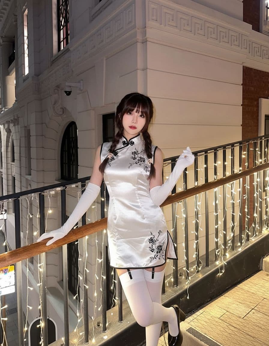 AI generated: cosplay, beautiful girl wearing elegant white cheongsam, short qipao dress, sleeveless mandarin coll...