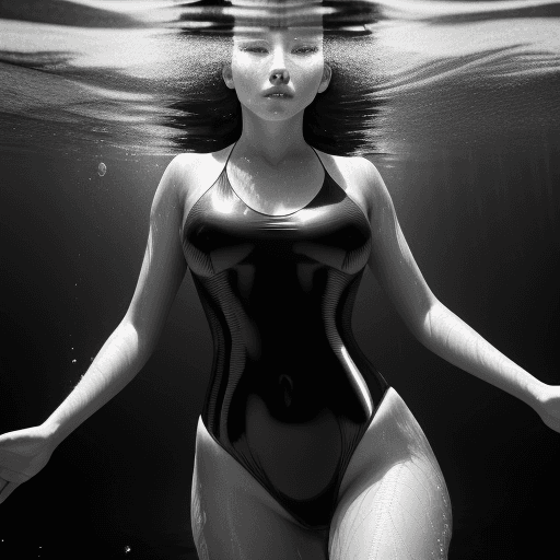 AI generated: a young woman in glossy swimsuit in the water, black and white photography, elegant, intricate, very...