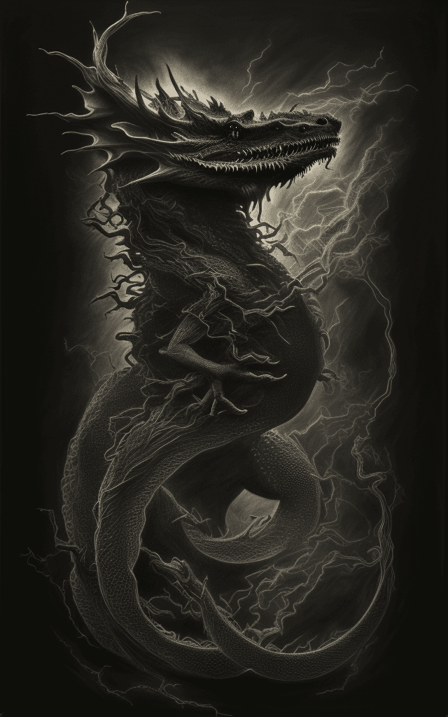 AI generated: Hyper-realistic alcohol tea ink portrait drawing of a dark entropy dragon, (vantablack color) ink ar...