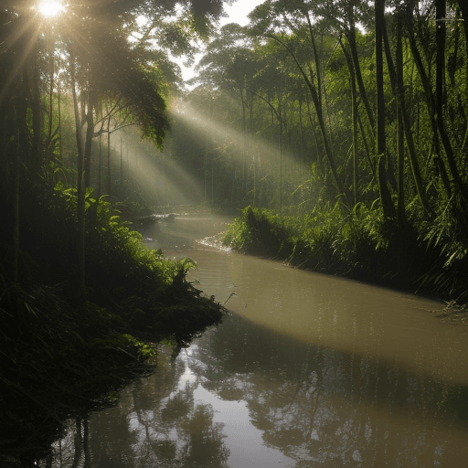 AI generated: Amazon forest, sunlight reflecting on river water