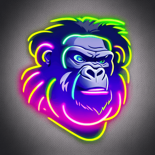 AI generated: e-sports inspired logo with neon lights of a powerful gorilla, under the logo is a curved text [DOWN...