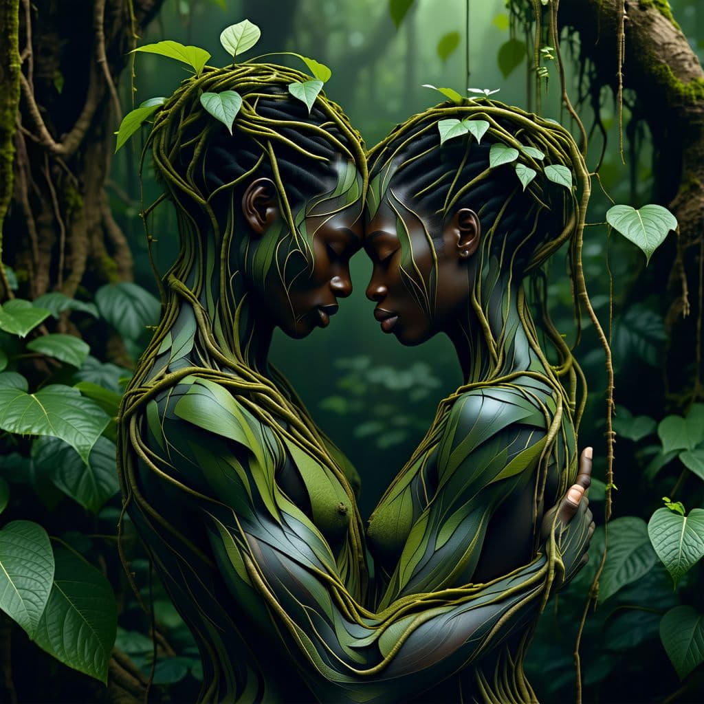 AI generated: Two people hugging each other in the jungle, in the style of ethereal figures, made of vines, physic...