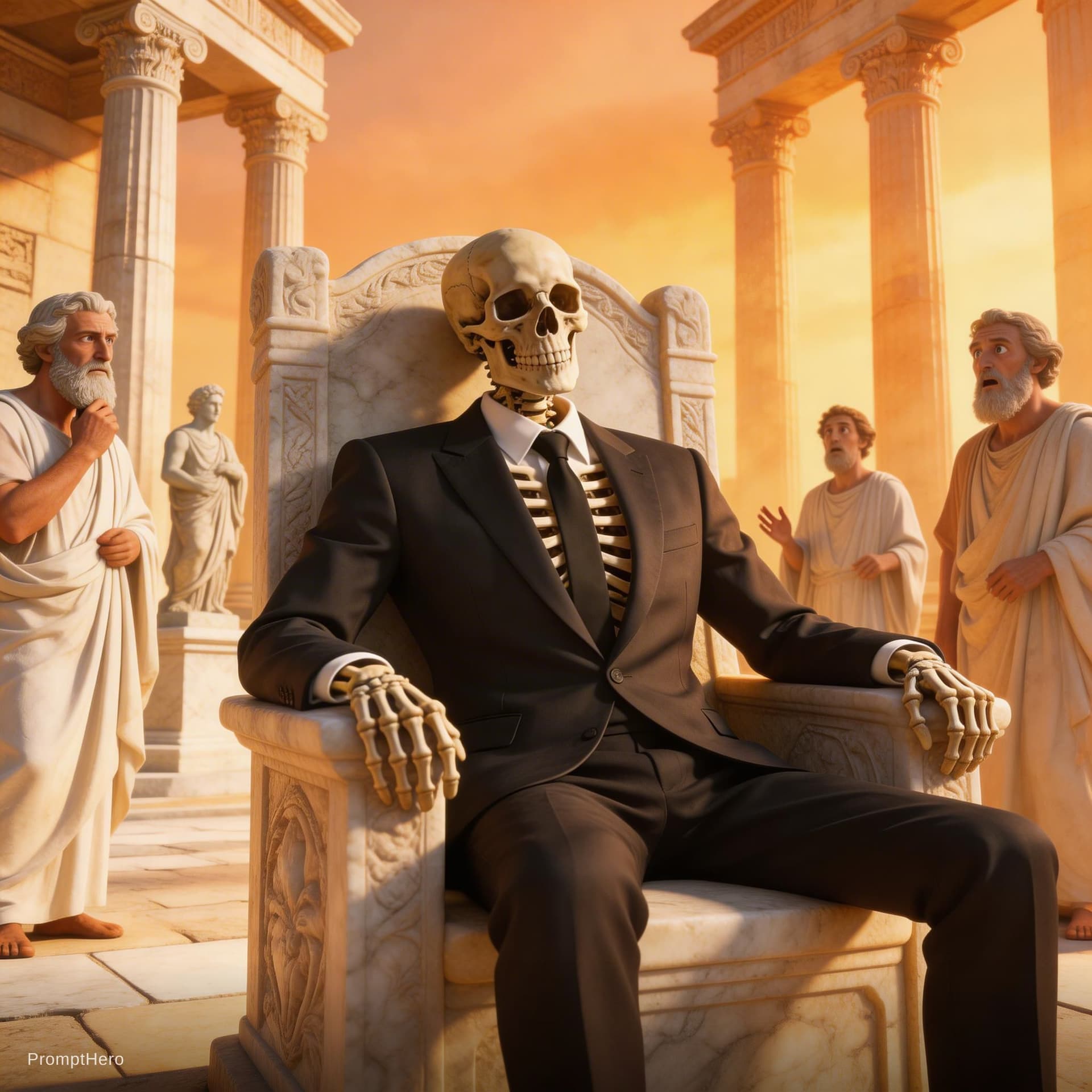 AI generated: Place the skeleton character inside an ancient Greek marble courtyard with towering columns and stat...