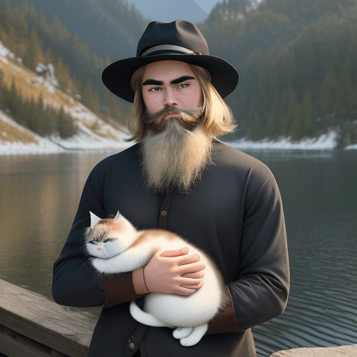 AI generated: /imagine prompt: Picture young man with cat, dark blonde hair, medium length, dark beard, brown eyes...