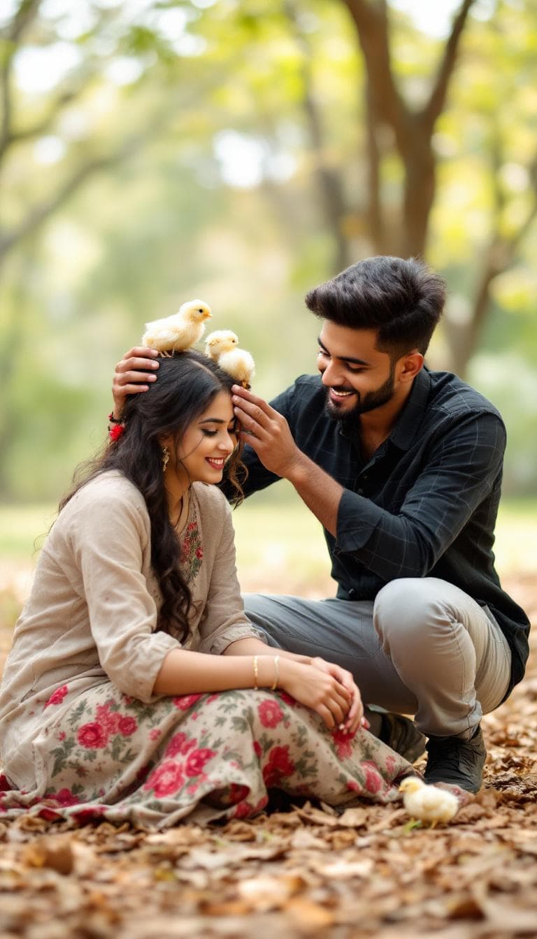 AI generated: A playful outdoor moment in a soft forest setting. A young South Indian couple is sitting on the dry...