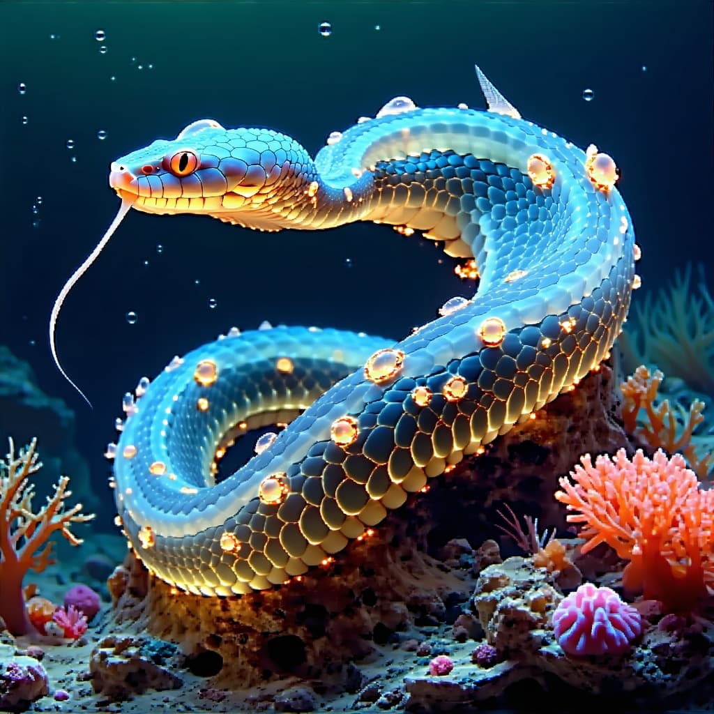 AI generated: long serpentine sea creature with coral growths along its spine, translucent fins, opalescent scales...