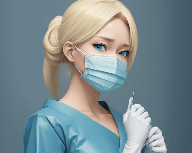 AI generated: Female blonde haired surgeon, wears a blue surgical gown, teal long latex surgical gloves, white sur...