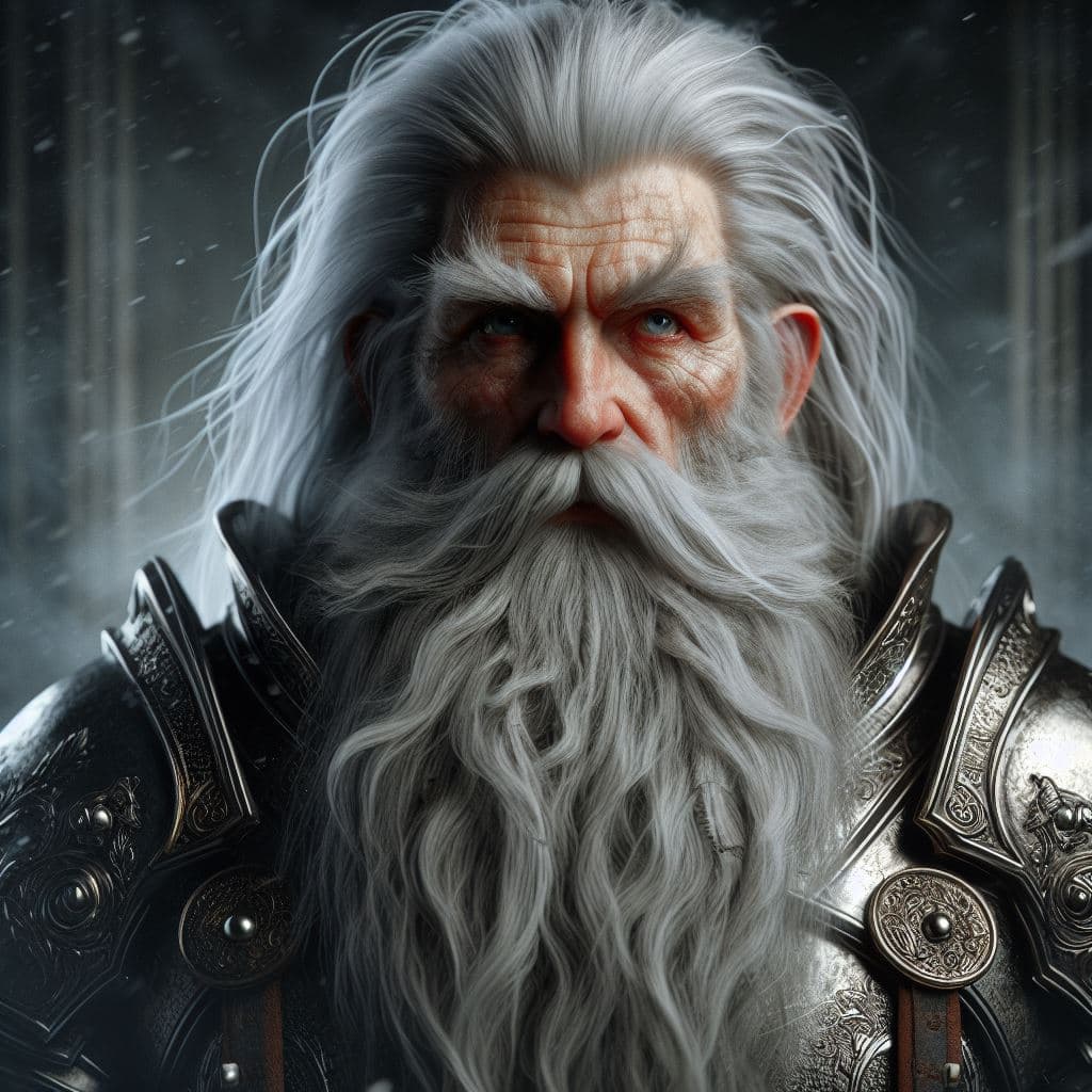 AI generated: epic scene, medieval fantasy, an adult dwarf, beard and long white hair, austere look, with armor wi...