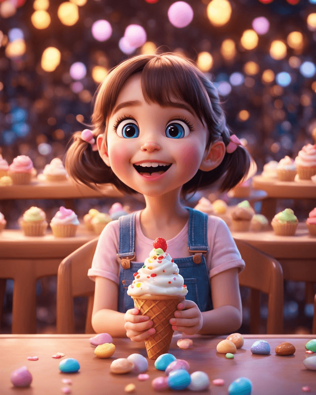 AI generated: cute, adorable, smiling girl eating ice cream, Big dreamy eyes, candies flying all around her, Pixar...