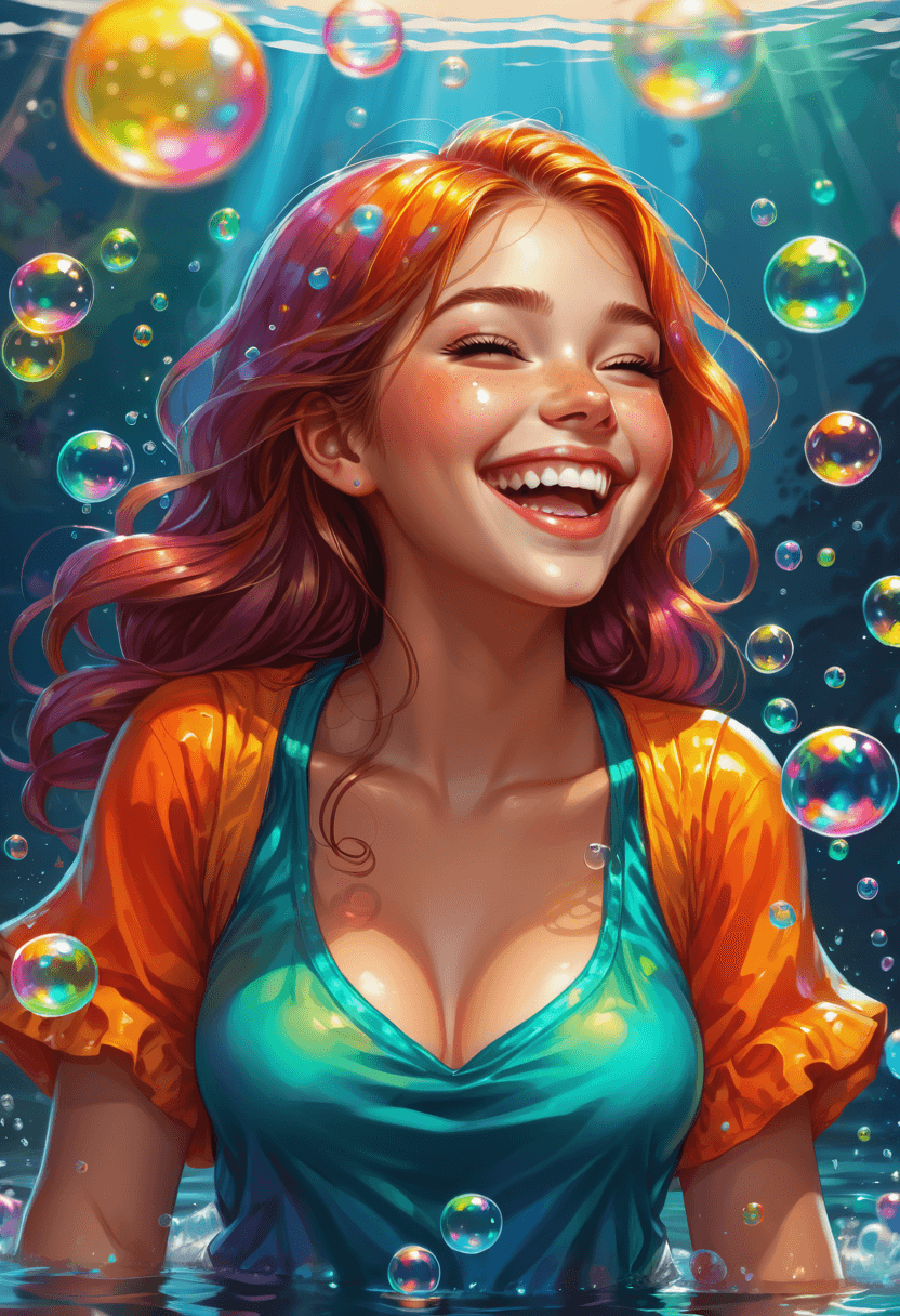 AI generated: a girl, laughing, surrounded by  colorful water bubbles