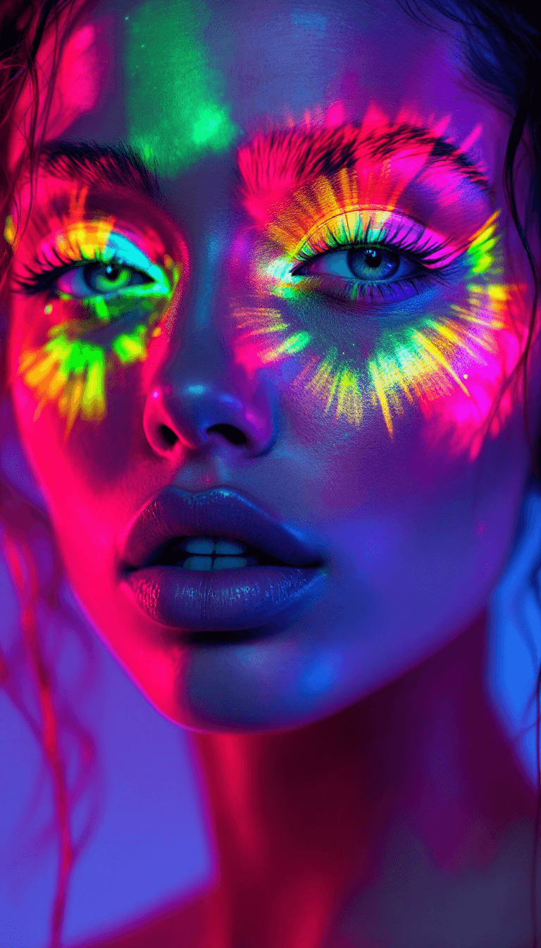 AI generated: A vibrant and attention-grabbing look using bright neon colors on the eyes, lips, or cheeks to creat...
