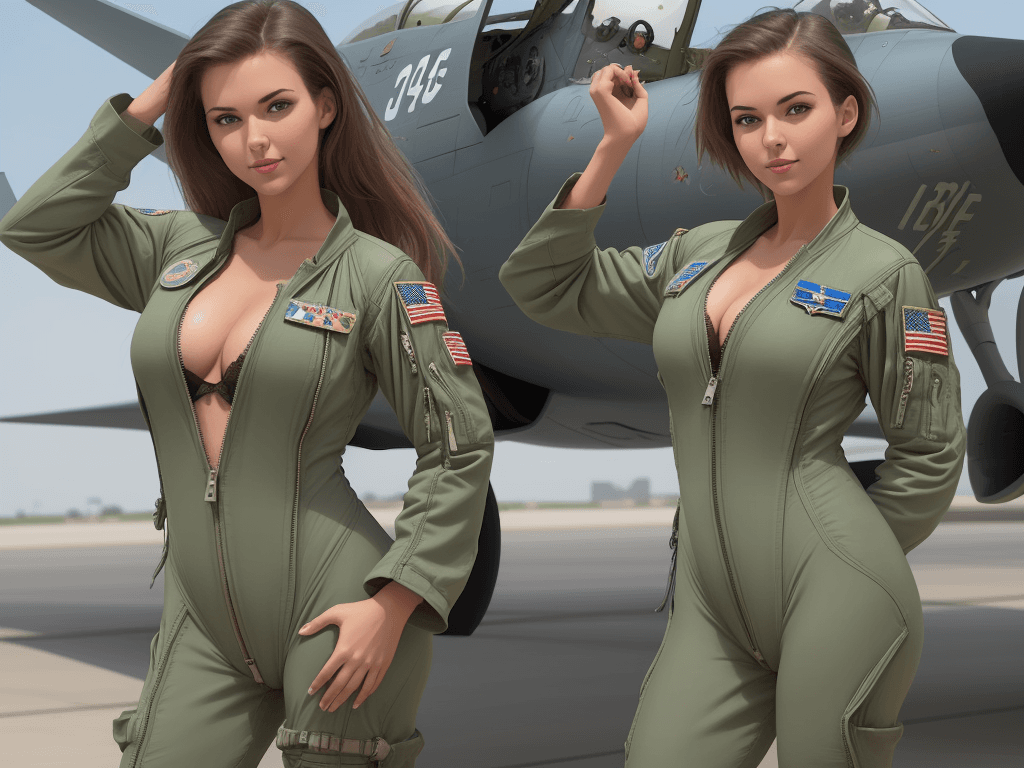 AI generated: beautiful american air force fighter pilot girl. She is wearing a loose-fitting, green, one-piece fl...