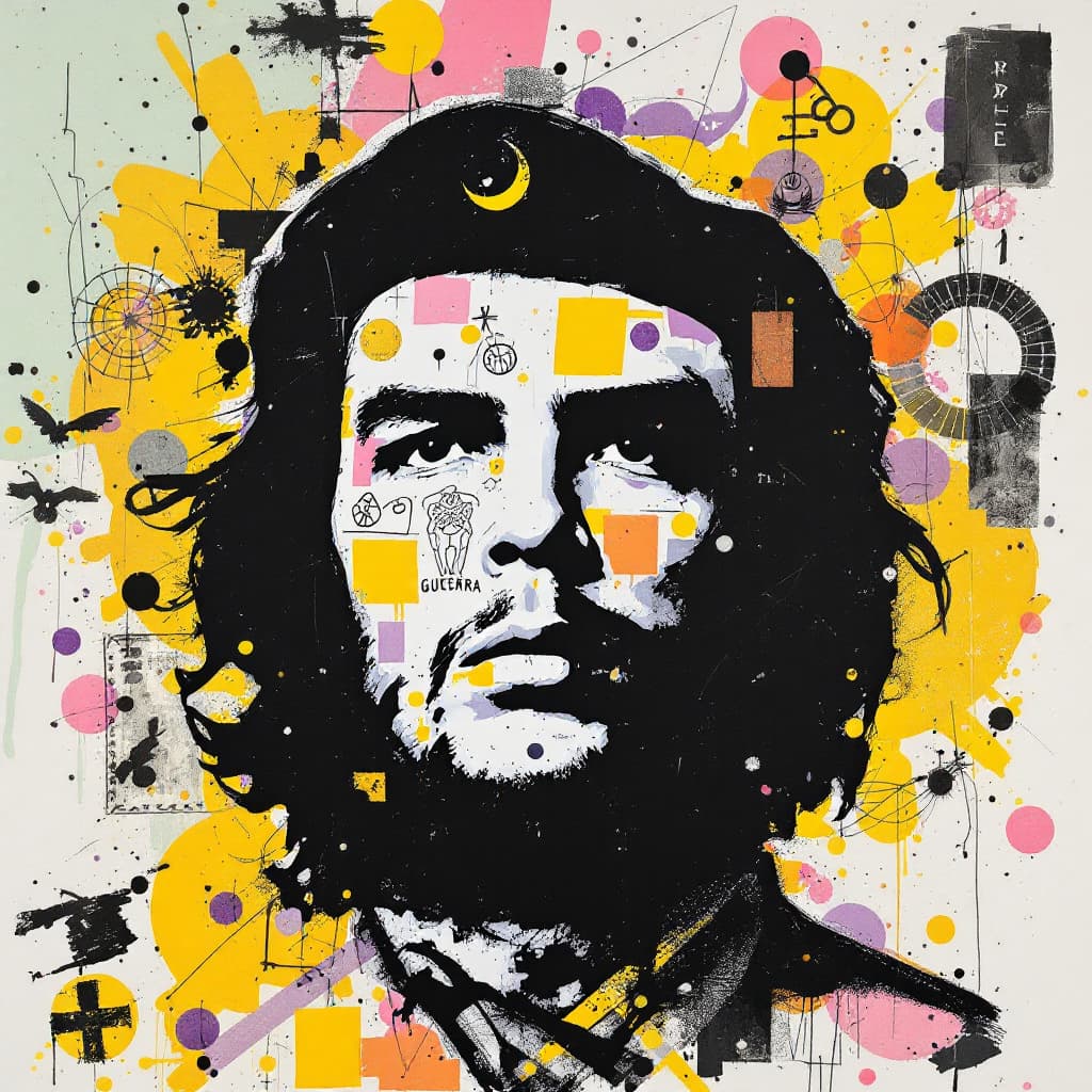 AI generated: A mixed media collage featuring che guevara figure adorned in vibrant patterns and symbols that evok...