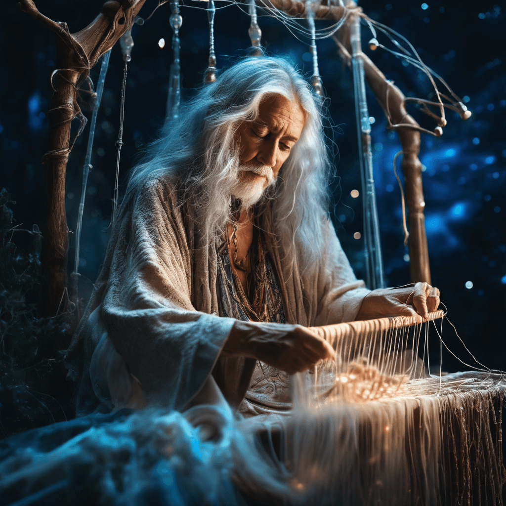 AI generated: A mystical dream weaver, aged 65, adorned with flowing robes and holding a loom that weaves dreams i...