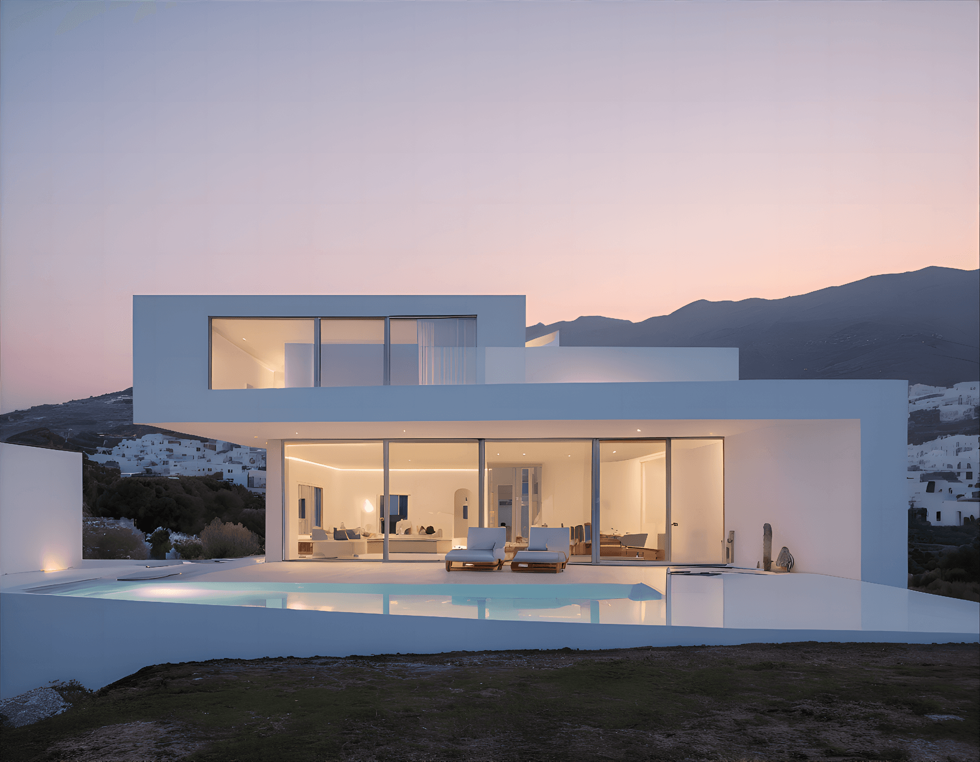 AI generated: Modernized Greek Cycladic architecture, white structures with energyefficient design, influence of Z...