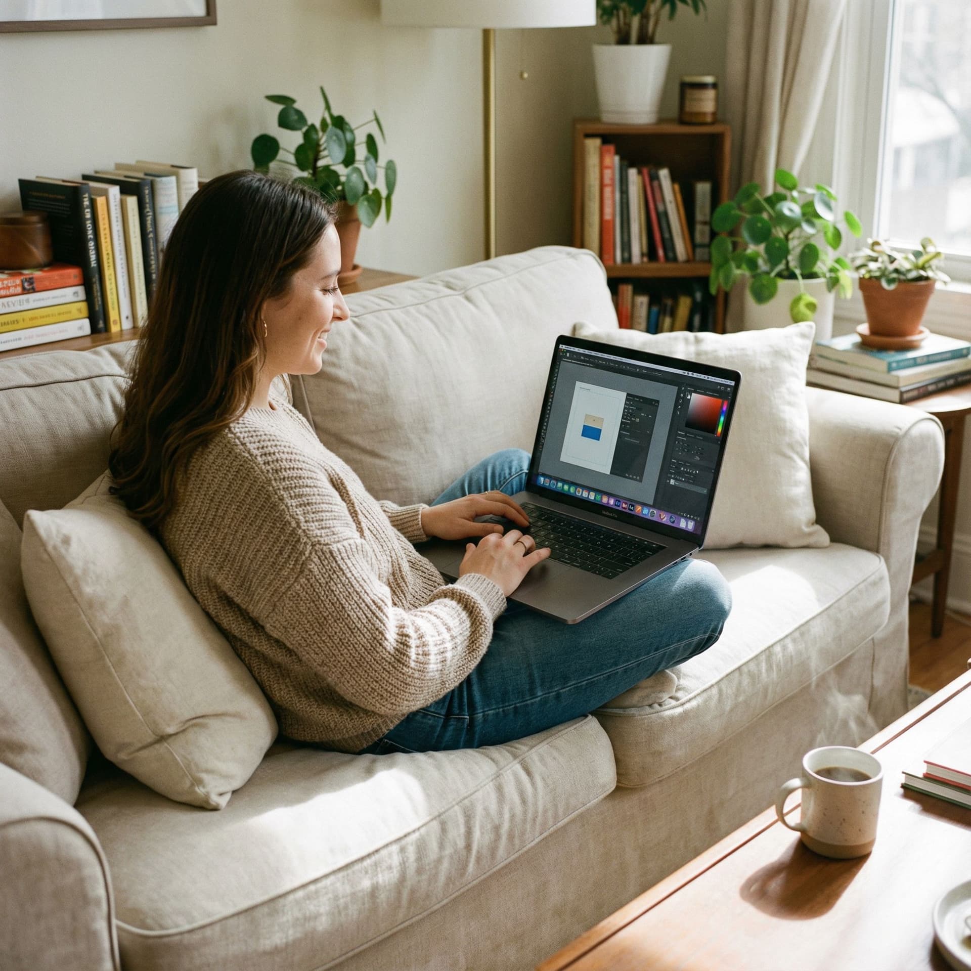 AI generated: a woman on her sofa working with her MacBook Pro, the screen is visible, 
frameless