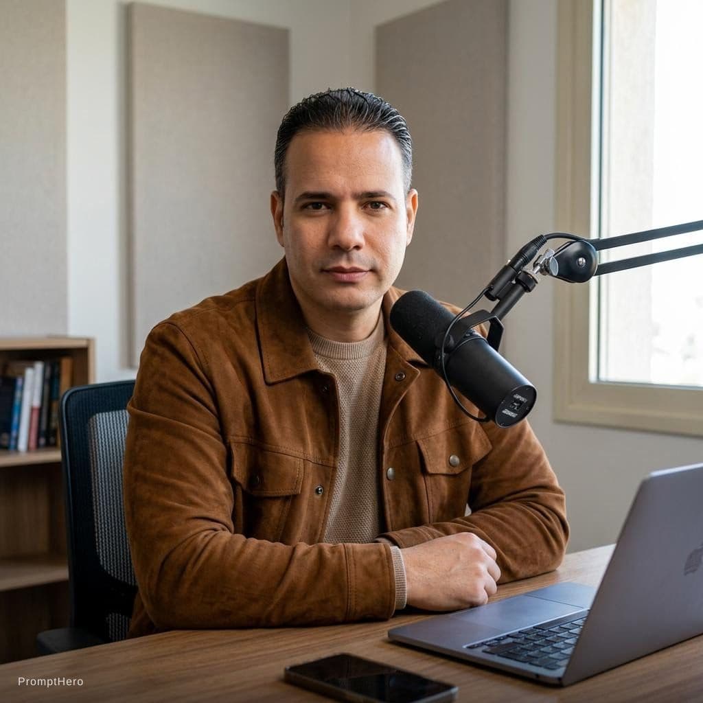 AI generated: 
Ultra-realistic podcast setup with a stylish man seated at a wooden table, minimalist decor with a ...