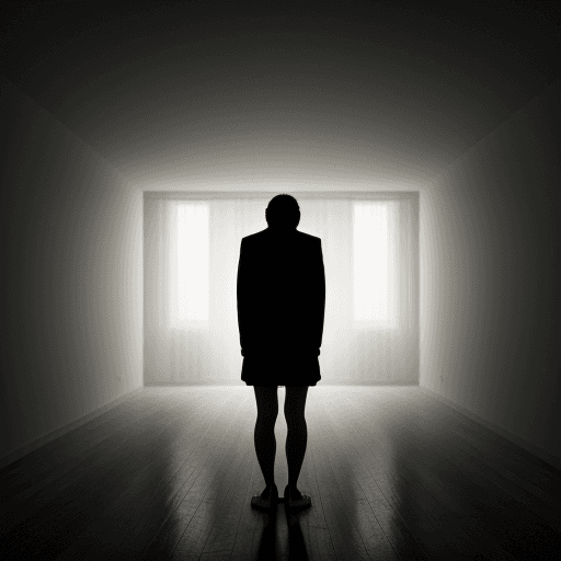 AI generated: Create a scene of a person standing alone in a dimly lit room, overwhelmed, with the weight of the w...