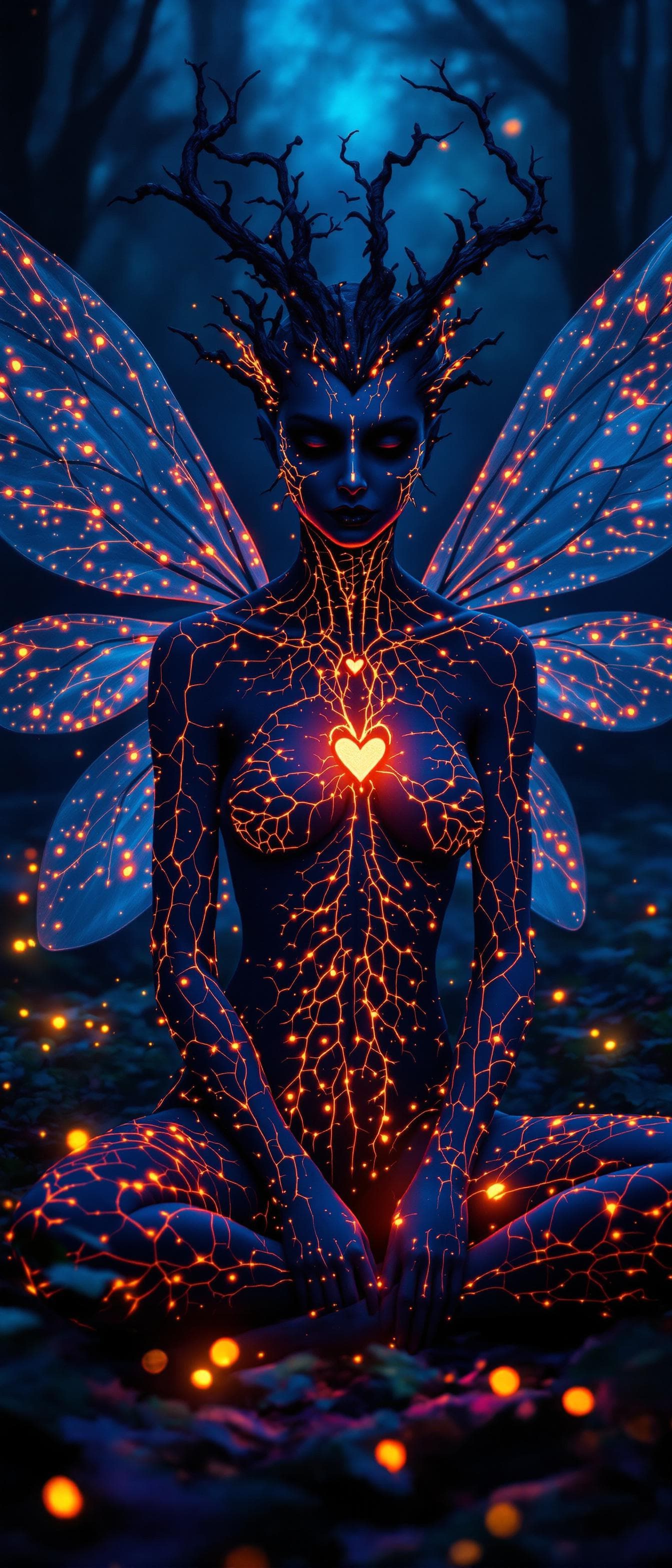 AI generated: A tight mid angle view of a dark, horrific ethereal fairy in an enchanted forest at night, sitting i...