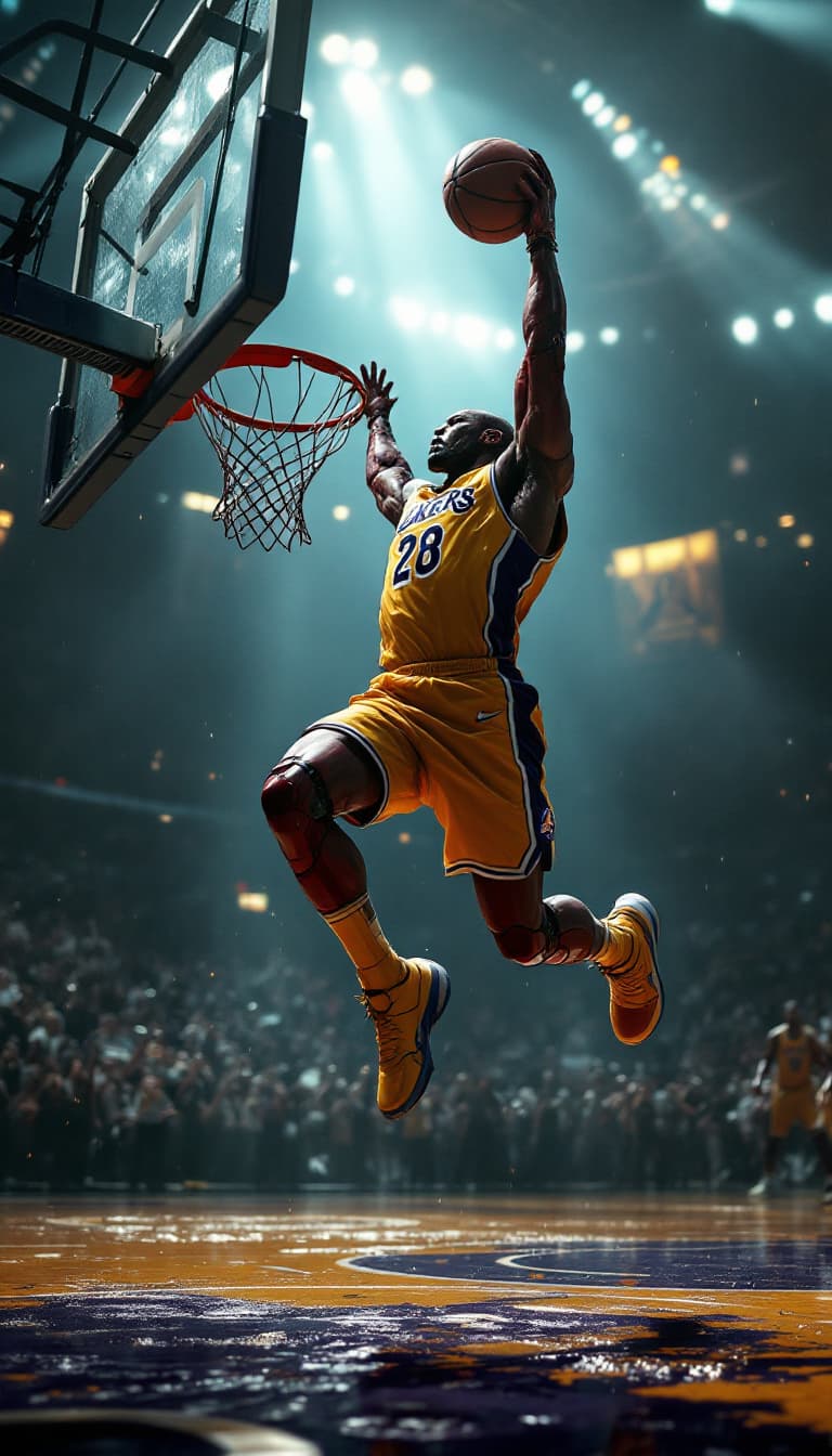 AI generated: 
Marvel's Ironman playing basketball, he is jumping to dunk on the hoop and he is dressed in the Lak...