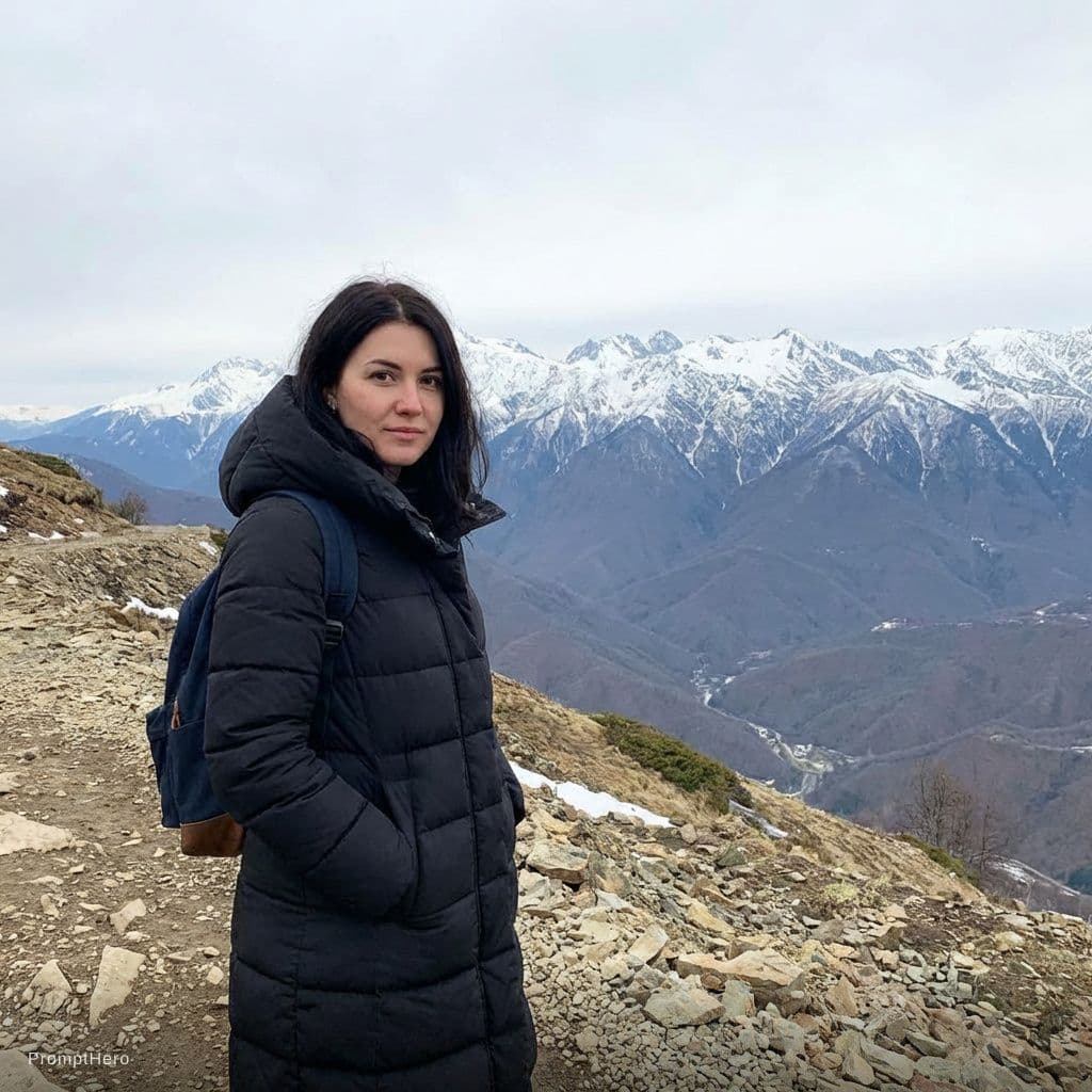 AI generated: change de scenario, put her a black coat on the mountains