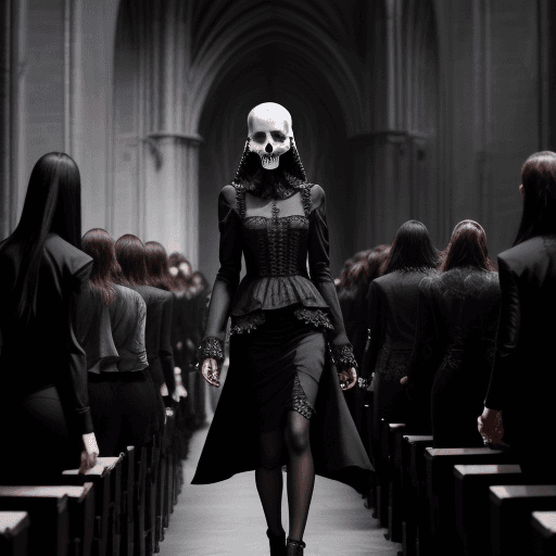 AI generated: fashion week in a gothic black church with models wearing shirts with skulls