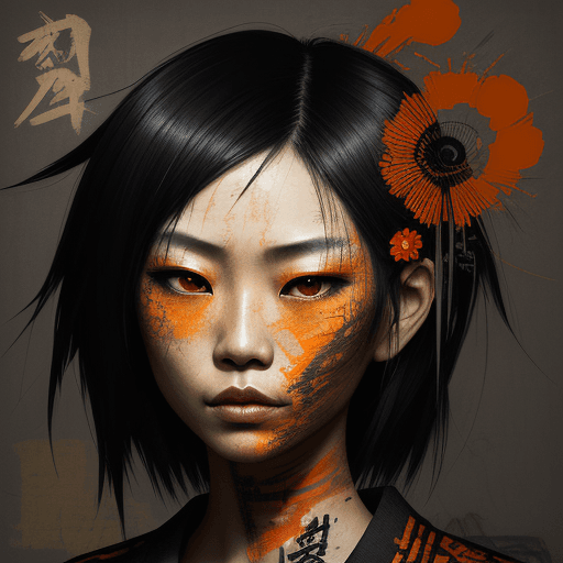 AI generated: Asian woman, beautiful face, black and orange color tones, wabi-sabi art,  abstract , punk collage ,...