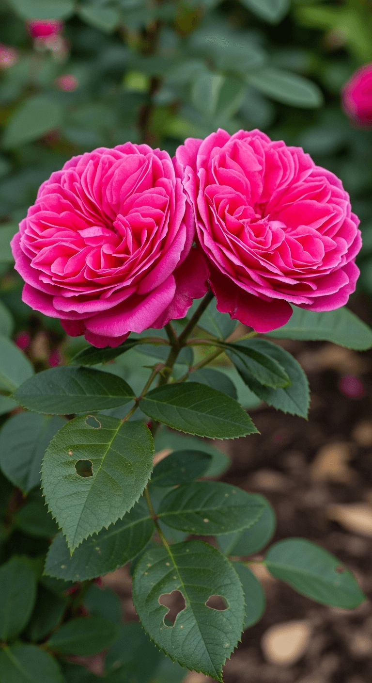 AI generated: A hyper-realistic macro photograph of two fully bloomed fuchsia pink roses growing side by side on t...