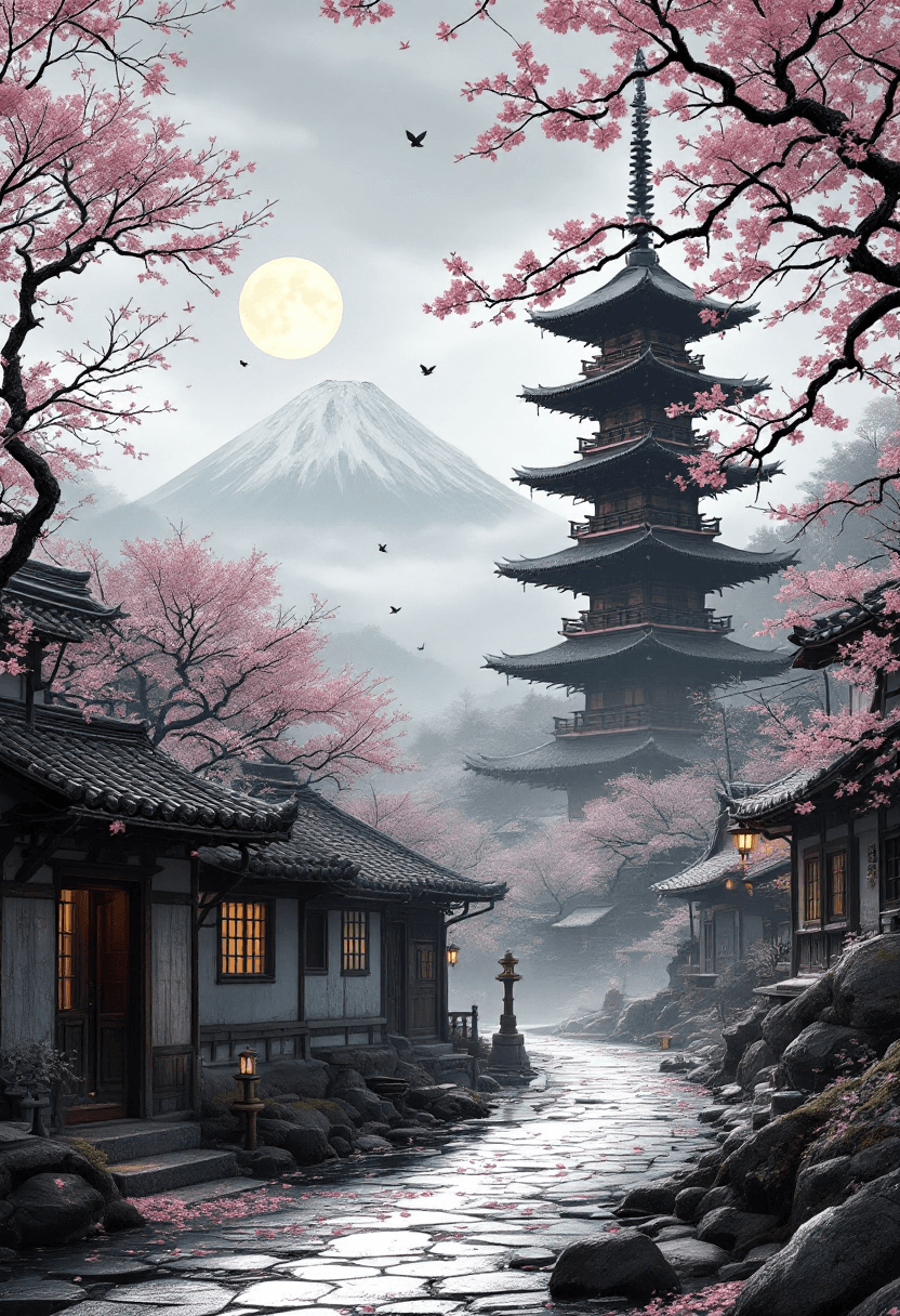 AI generated: A full traditional Japanese pagoda tower, off-center right, fully visible from base to spire, uncrop...