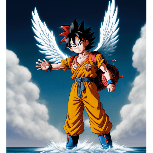 AI generated: Toriyama Akira's comic IP Goku, with white angel wings behind him and an angel ring on his head, wav...