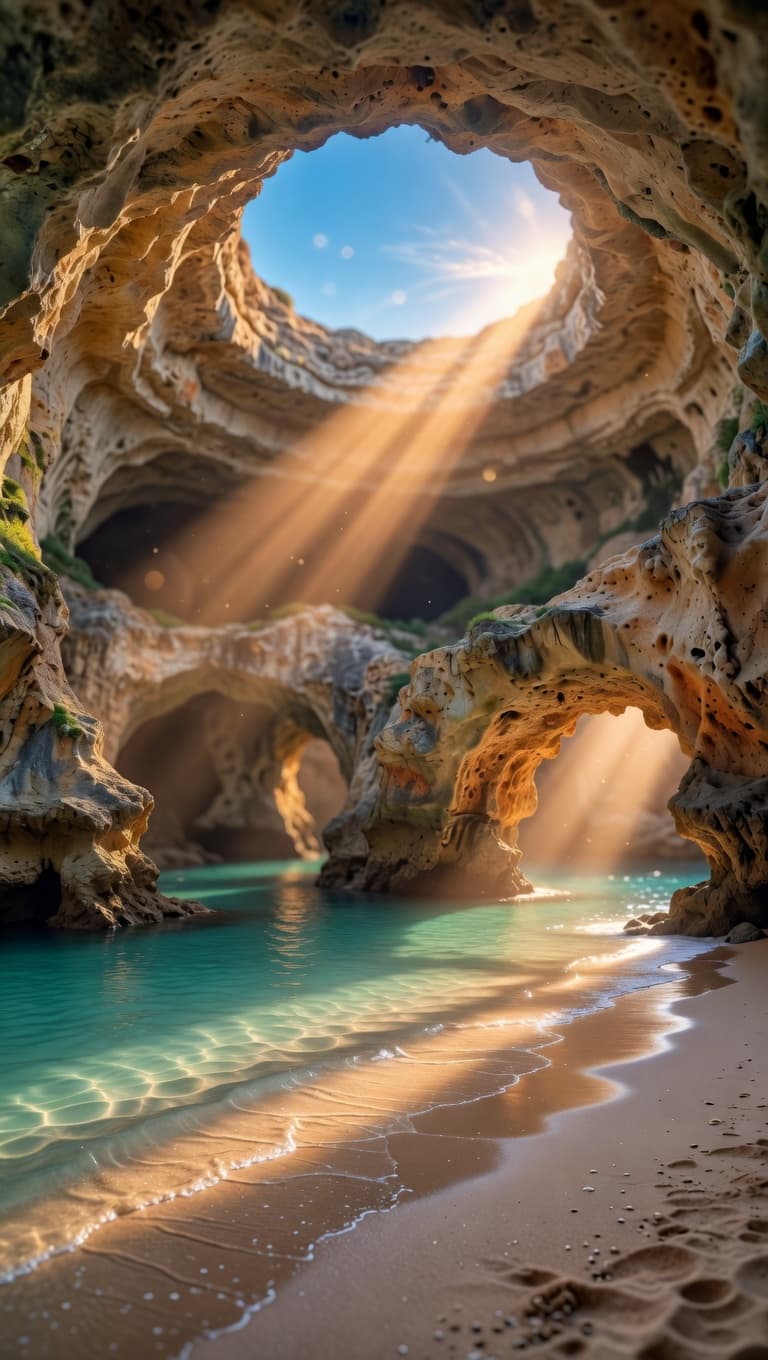 AI generated: "Hyperrealistic cinematic photograph of the iconic Benagil Sea Cave, Algarve, Portugal, viewed from ...