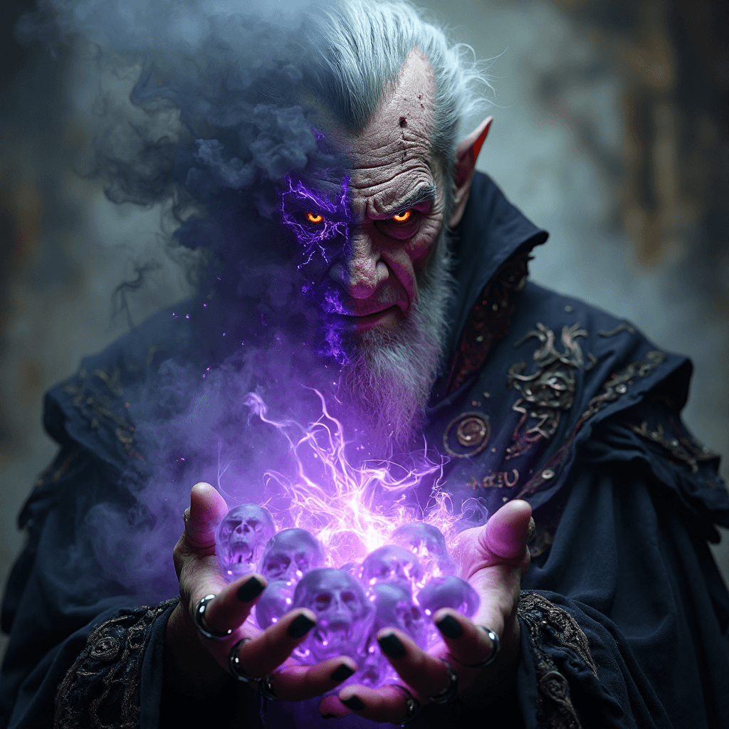 AI generated: A close-up, bust-framed portrait of a powerful, malevolent sorcerer. Half of his face is human—sharp...